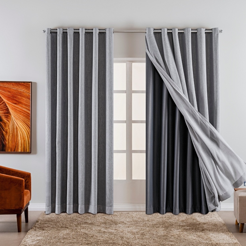 Cortina Voil Gaze de Linho com Forro Tecido Blackout 4,40x2,60m para Varão 3M Grécia Prata