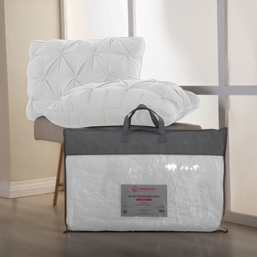 Kit 2 Travesseiro Decorativo Suporte Firme Percal 300 Fios 950g/m² Gold 70cm x 50cm Branco - imagem 2