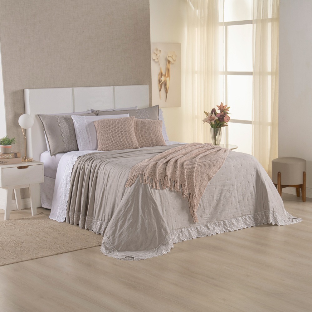 Kit Cama Posta King Serena 10 Peças Percal 300 Fios Bordado Inglês Branco/Fendi/Marfim