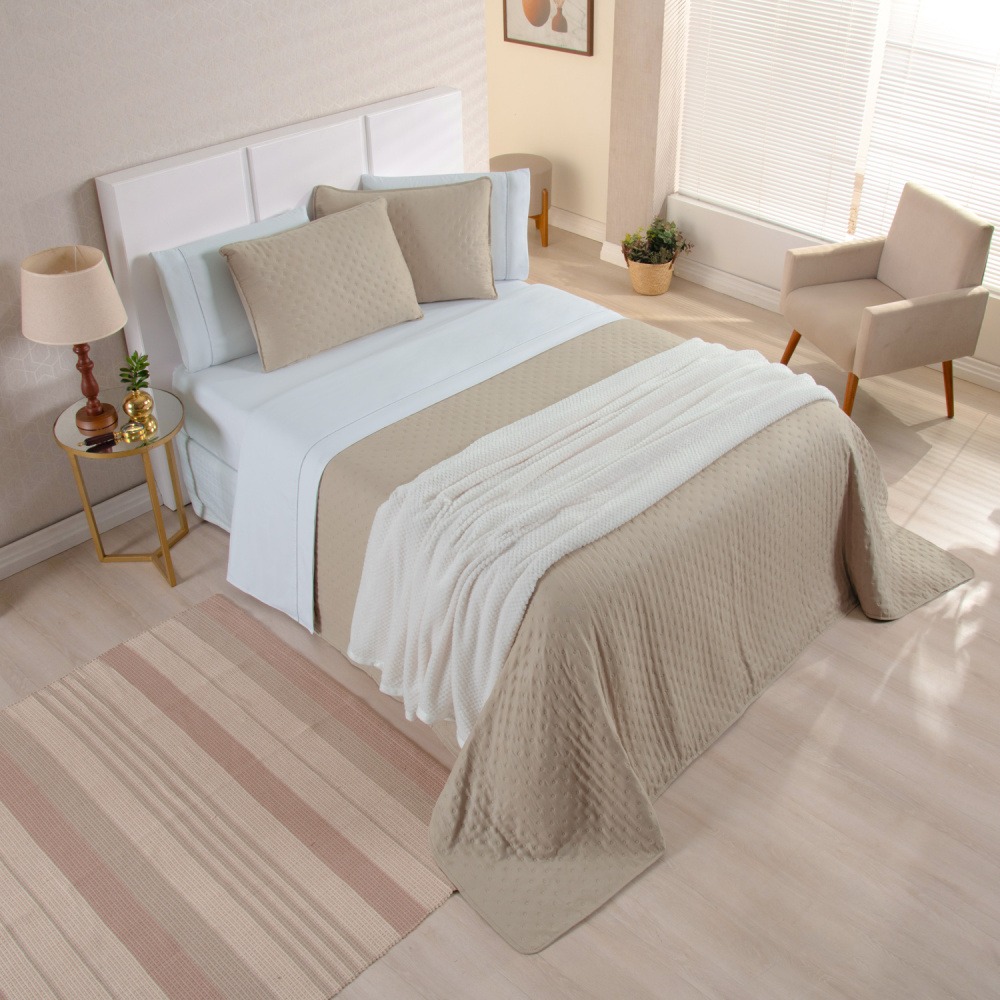 Kit Cama Posta Queen Isabelle 8 Peças Branco/Cáqui/Marfim