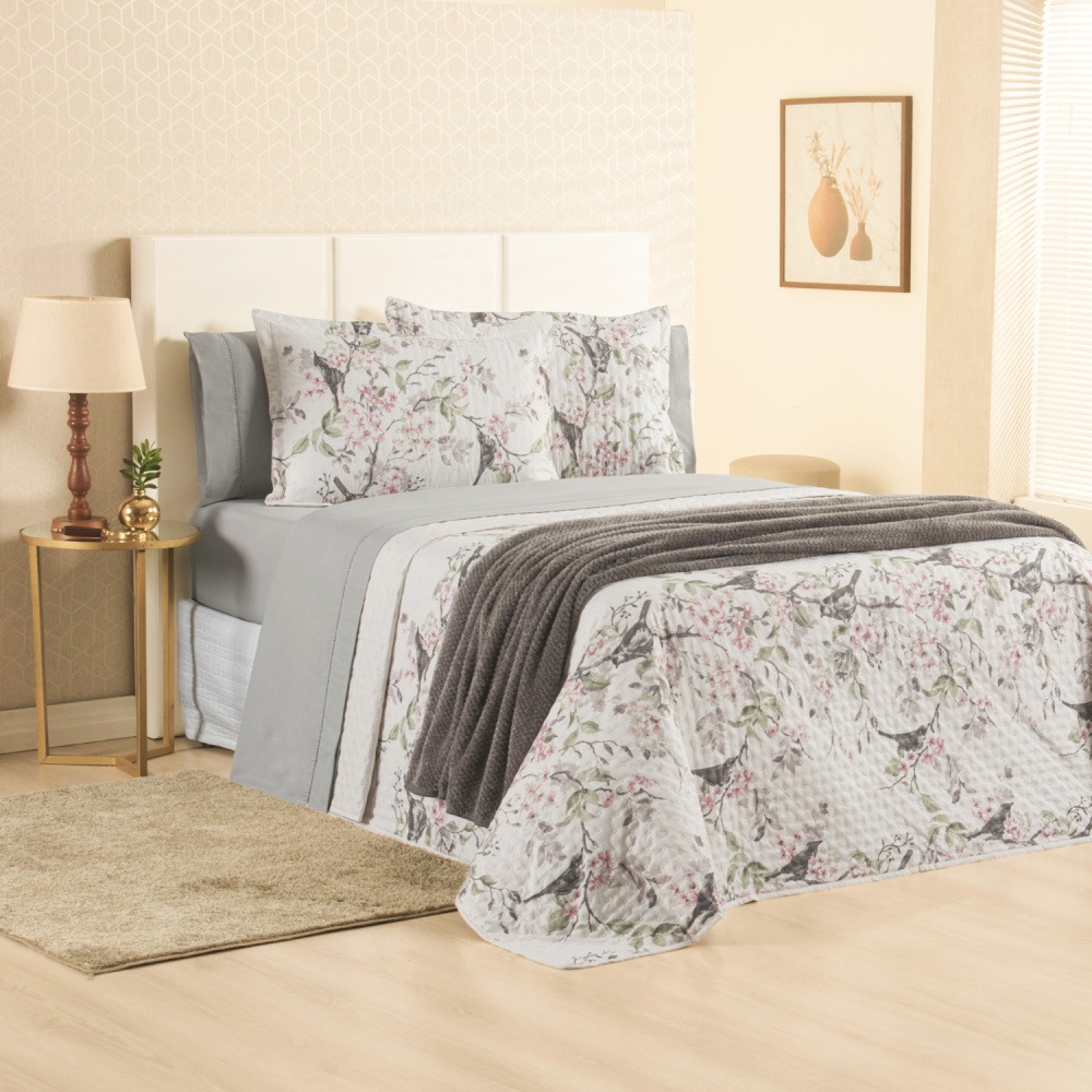 Kit Cama Posta Queen Sabrina 8 Peças Cinza/Jardim Rosê/Prata