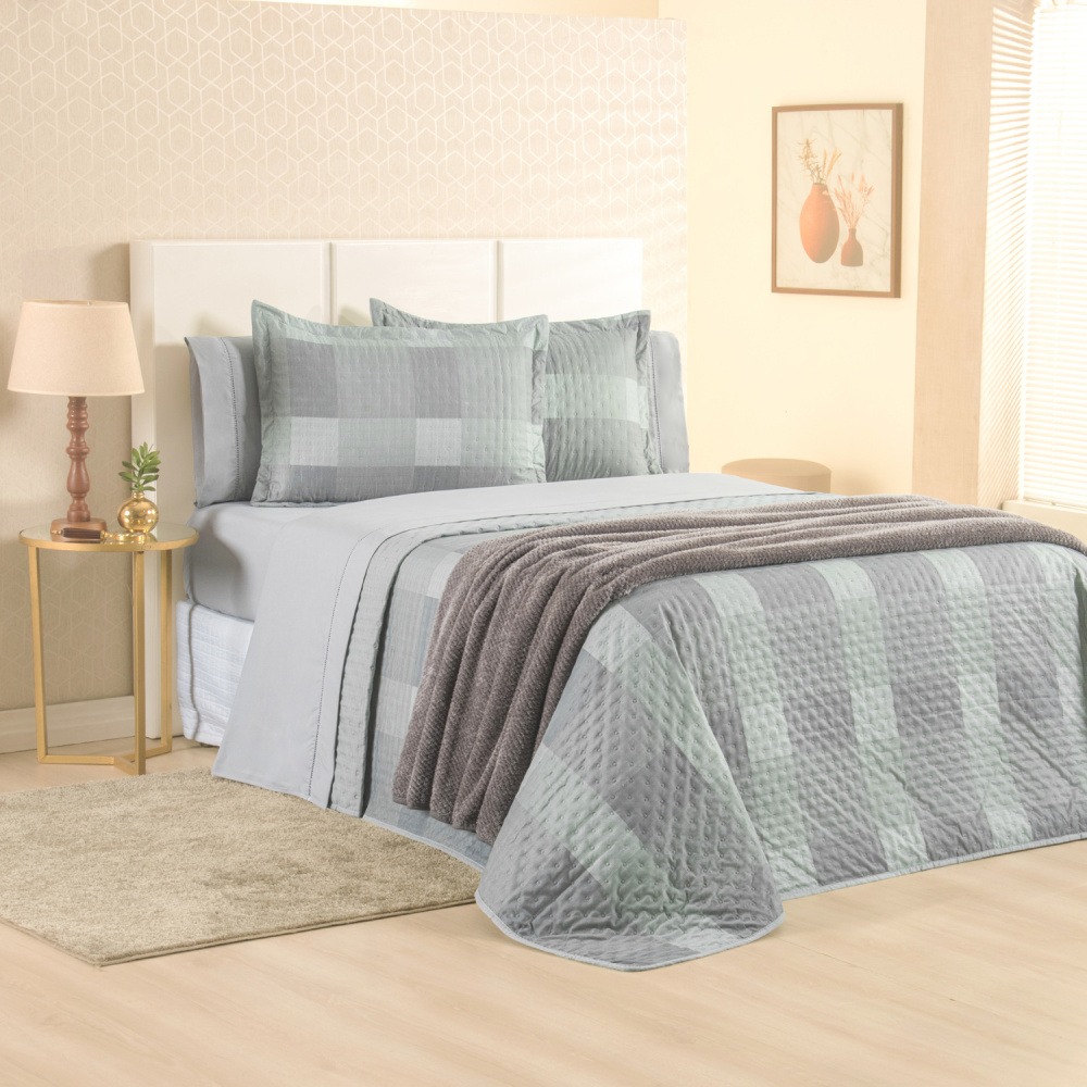 Kit Cama Posta Queen Sabrina 8 Peças Cinza/Xadrez Verde/Prata
