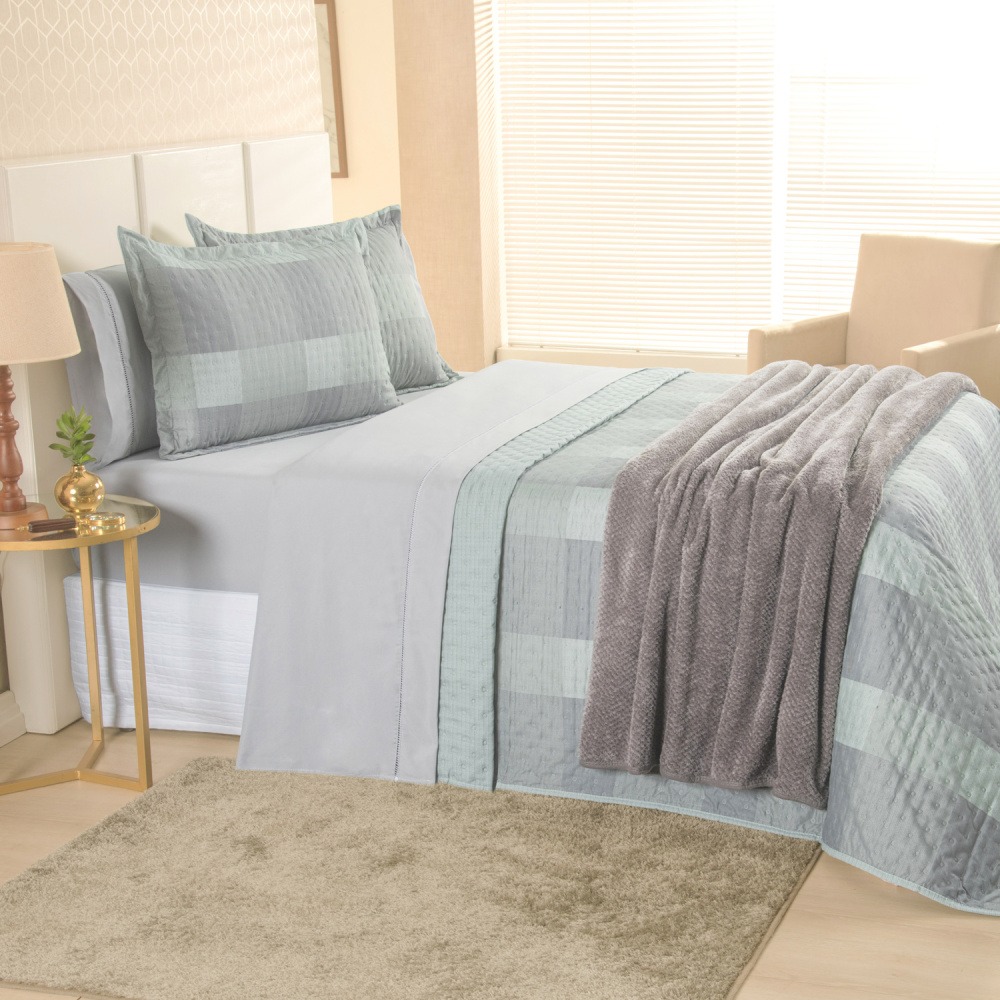 Kit Cama Posta Queen Sabrina 8 Peças Cinza/Xadrez Verde/Prata