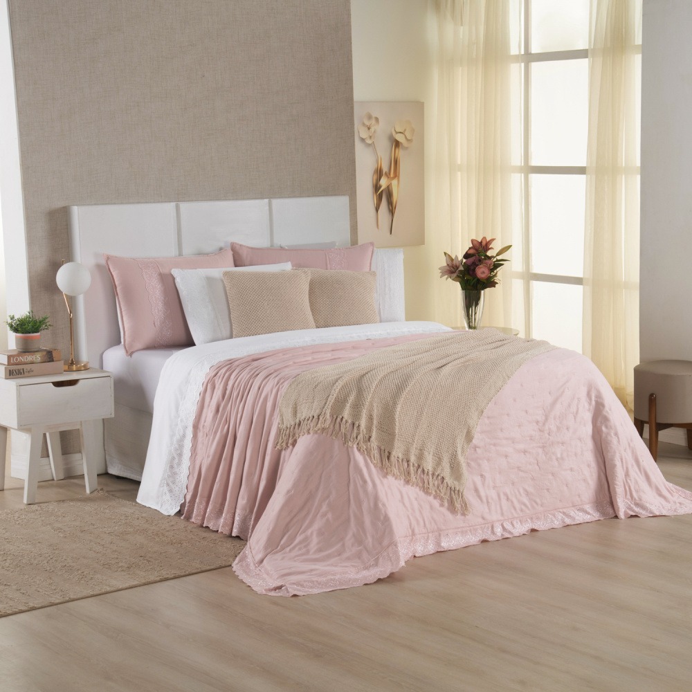 Kit Cama Posta Queen Serena 10 Peças Percal 300 Fios Bordado Inglês Branco/Rosê/Marfim