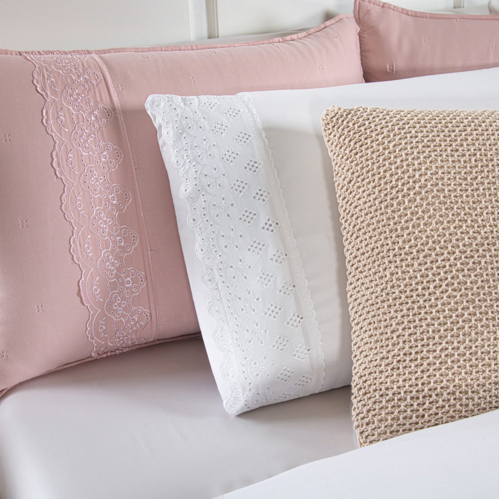 Kit Cama Posta Queen Serena 10 Peças Percal 300 Fios Bordado Inglês Branco/Rosê/Marfim - imagem 2