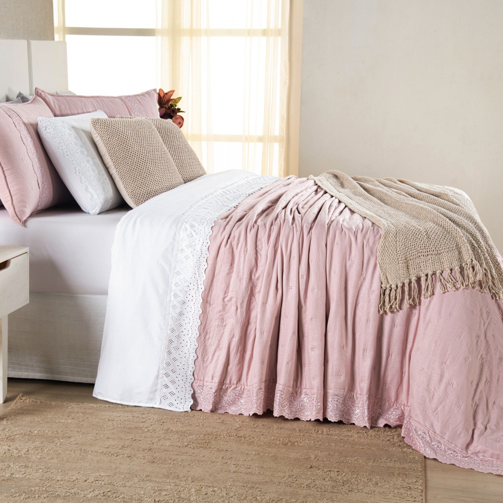 Kit Cama Posta Queen Serena 10 Peças Percal 300 Fios Bordado Inglês Branco/Rosê/Marfim