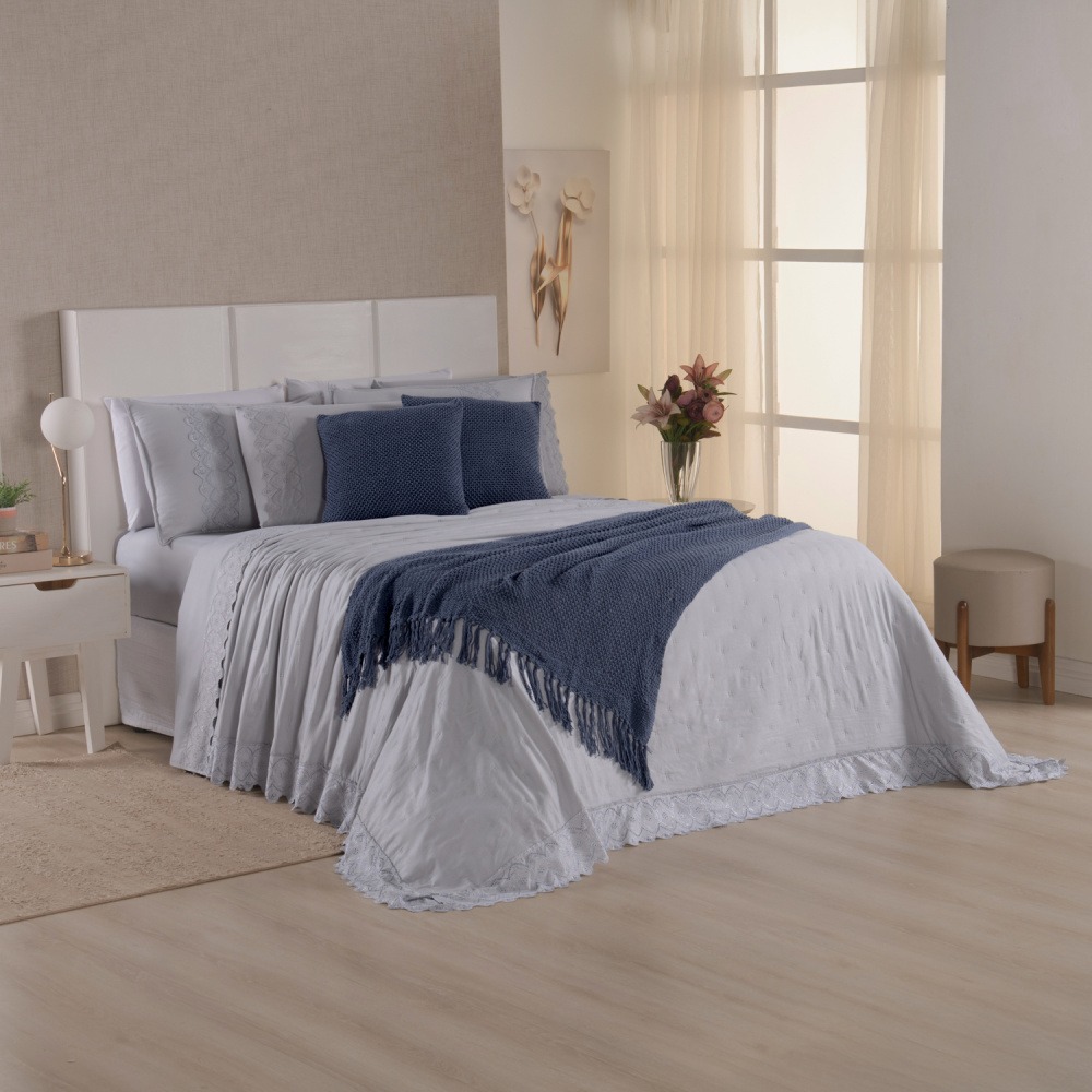 Kit Cama Posta Queen Serena 10 Peças Percal 300 Fios Bordado Inglês Cinza/Azul