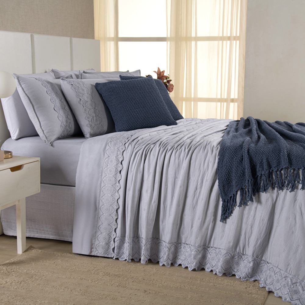 Kit Cama Posta Queen Serena 10 Peças Percal 300 Fios Bordado Inglês Cinza/Azul