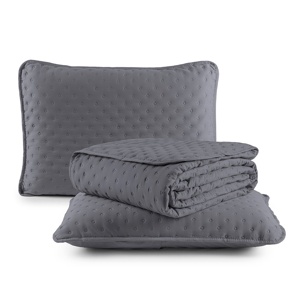 Kit Cobre Leito Colcha Casal 3 Peças Matelado Dupla Face Dots 300 Fios Cinza