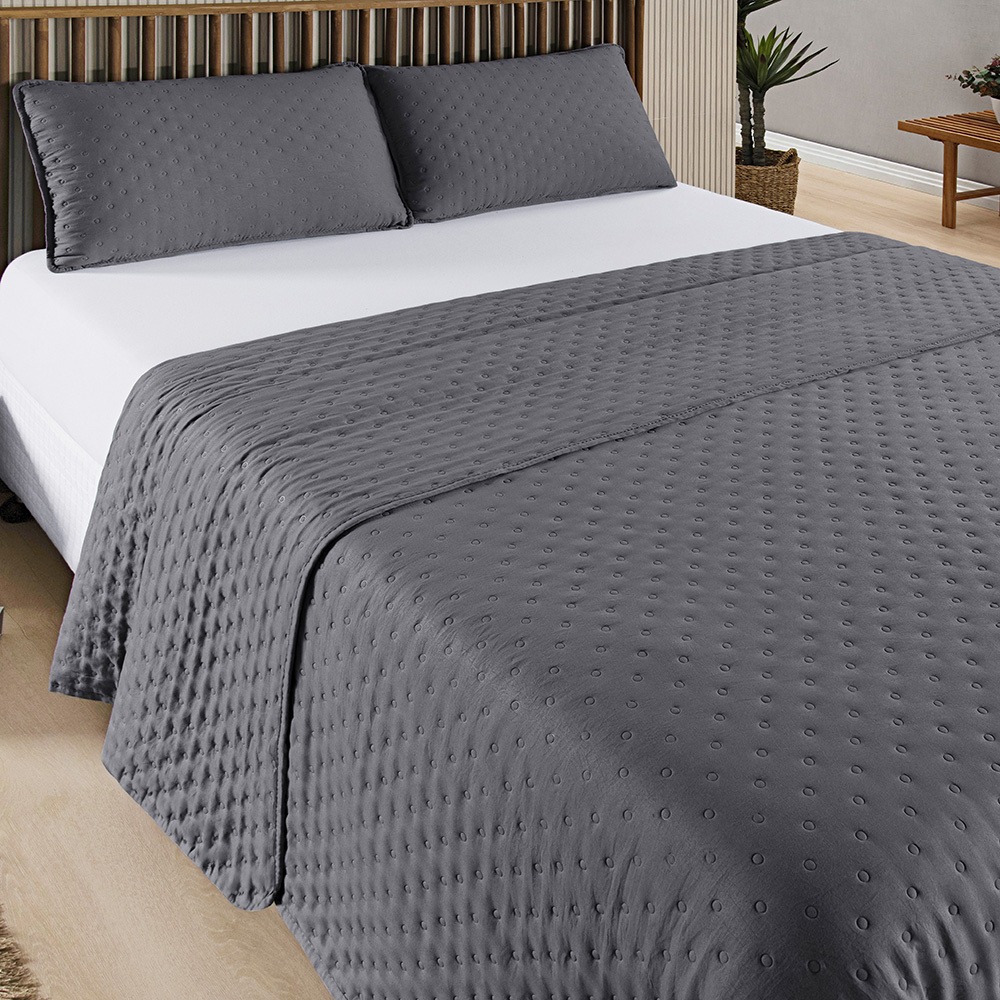 Kit Cobre Leito Colcha Casal 3 Peças Matelado Dupla Face Dots 300 Fios Cinza - imagem 2