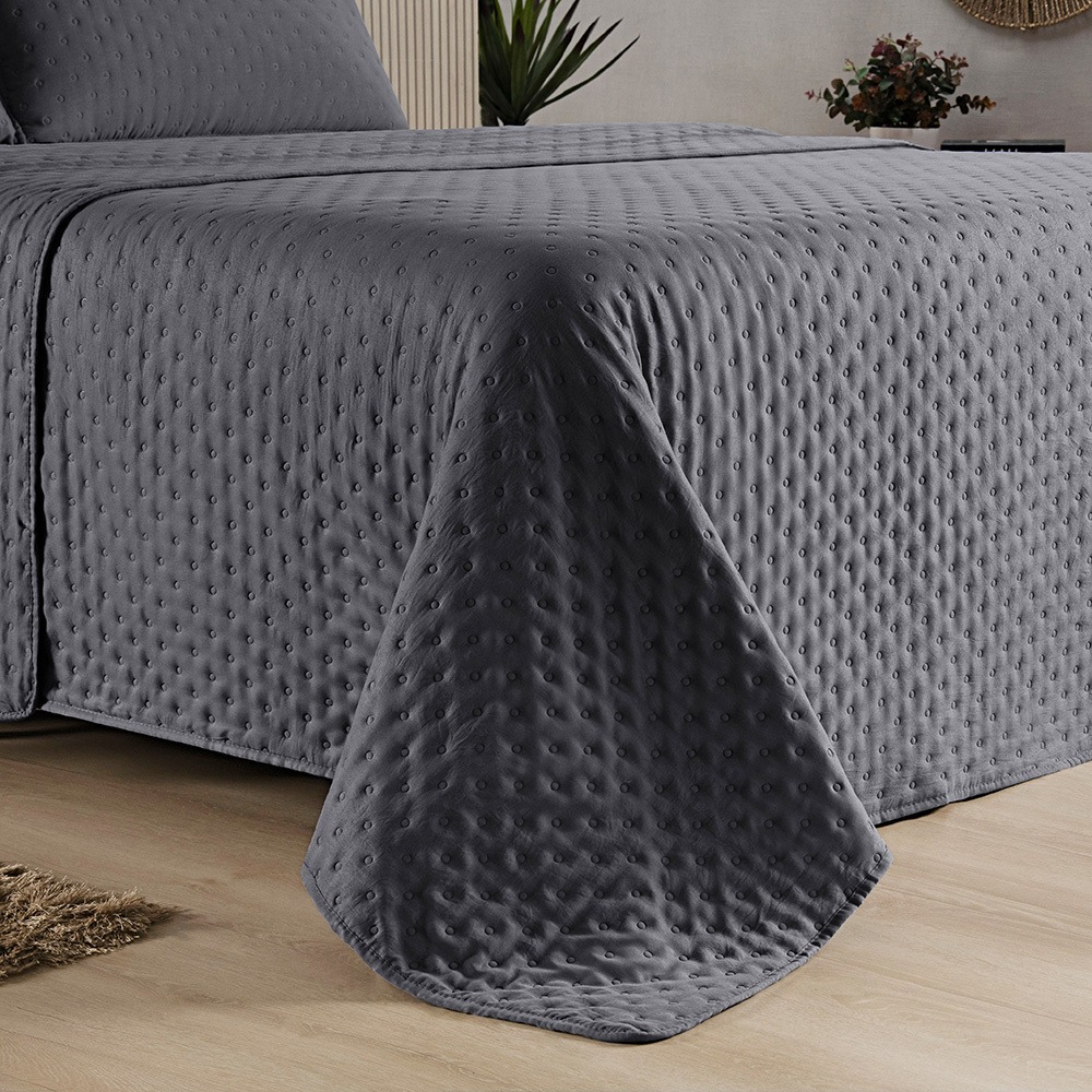 Kit Cobre Leito Colcha Casal 3 Peças Matelado Dupla Face Dots 300 Fios Cinza