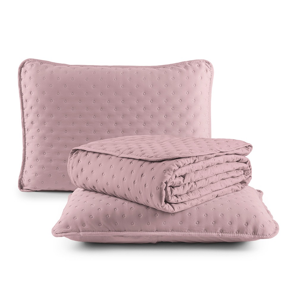 Kit Cobre Leito Colcha Casal 3 Peças Matelado Dupla Face Dots 300 Fios Rose