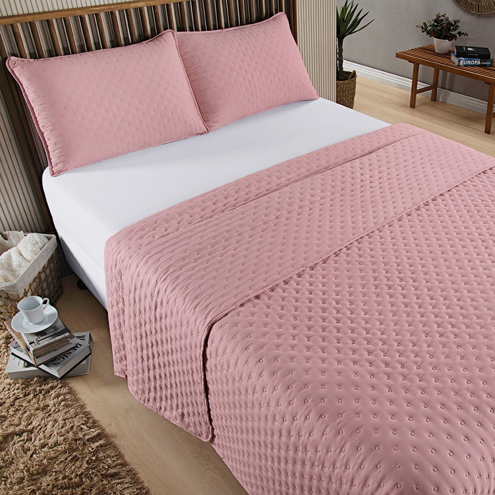 Kit Cobre Leito Colcha Casal 3 Peças Matelado Dupla Face Dots 300 Fios Rose - imagem 2