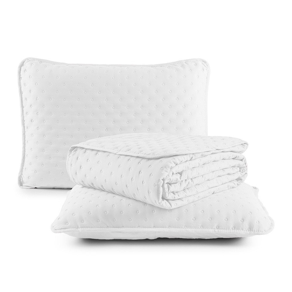 Kit Cobre Leito Colcha Queen 3 Peças Matelado Dupla Face Dots 300 Fios Branco