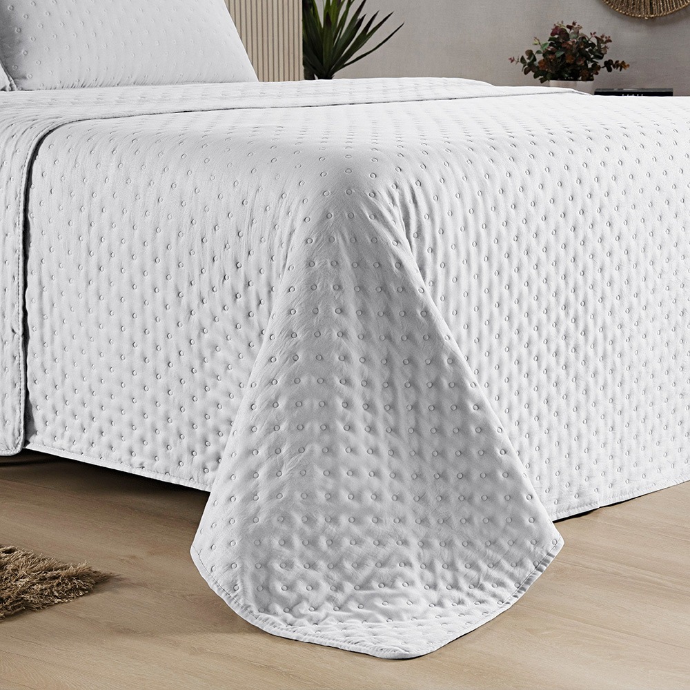 Kit Cobre Leito Colcha Queen 3 Peças Matelado Dupla Face Dots 300 Fios Branco
