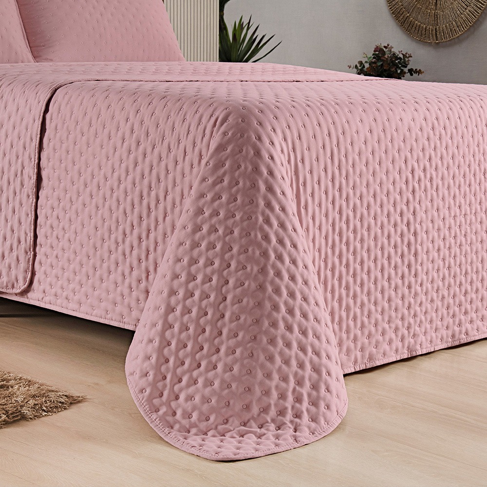 Kit Cobre Leito Colcha Queen 3 Peças Matelado Dupla Face Dots 300 Fios Rose