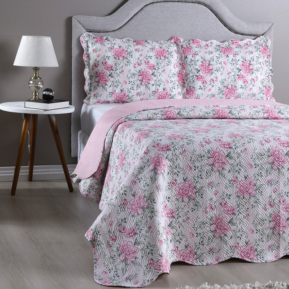 Kit Colcha Cobre Leito Queen 3 Peças 150 Fios Matelado Boutis Estampada Dupla Face Bali Rosa
