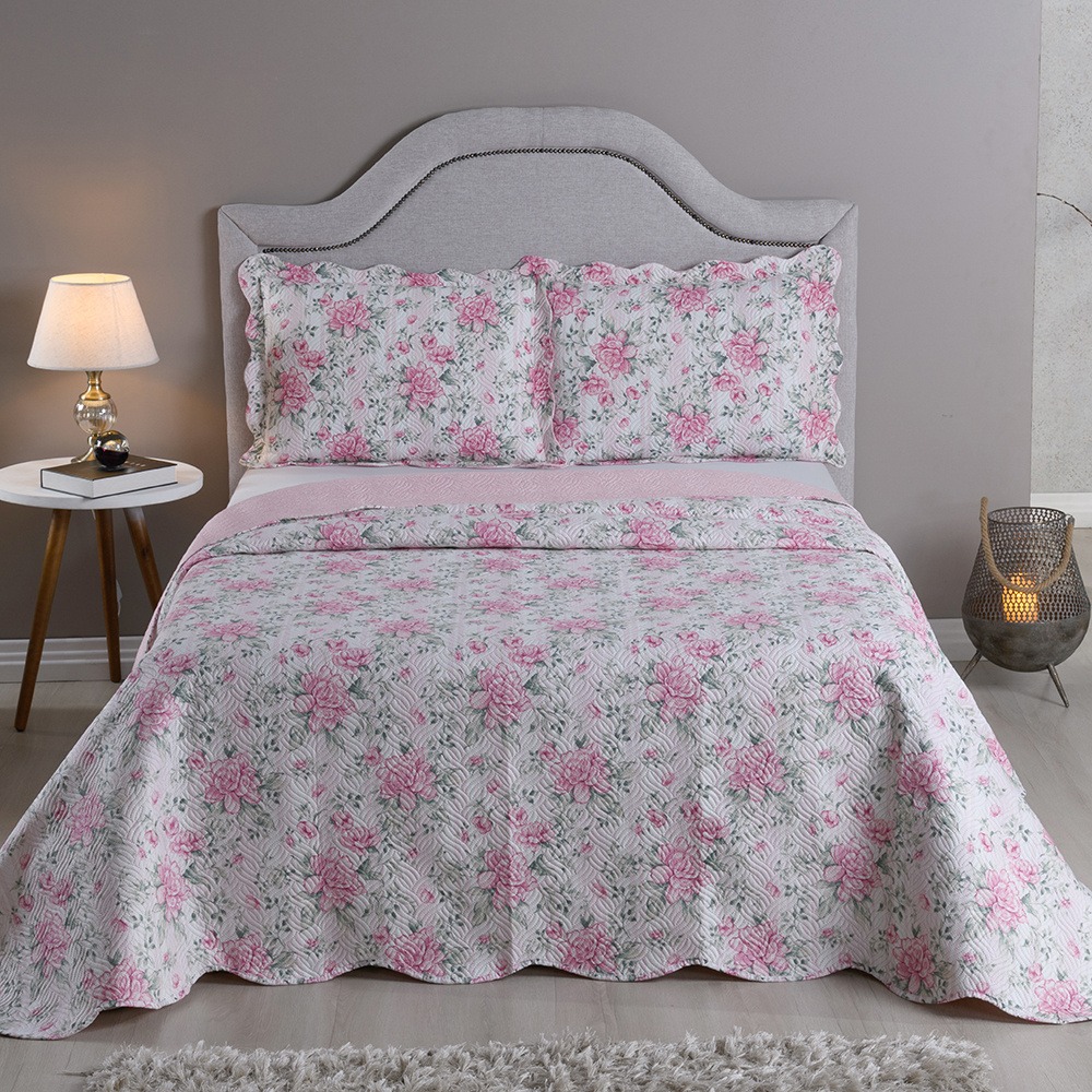 Kit Colcha Cobre Leito Queen 3 Peças 150 Fios Matelado Boutis Estampada Dupla Face Bali Rosa - imagem 2