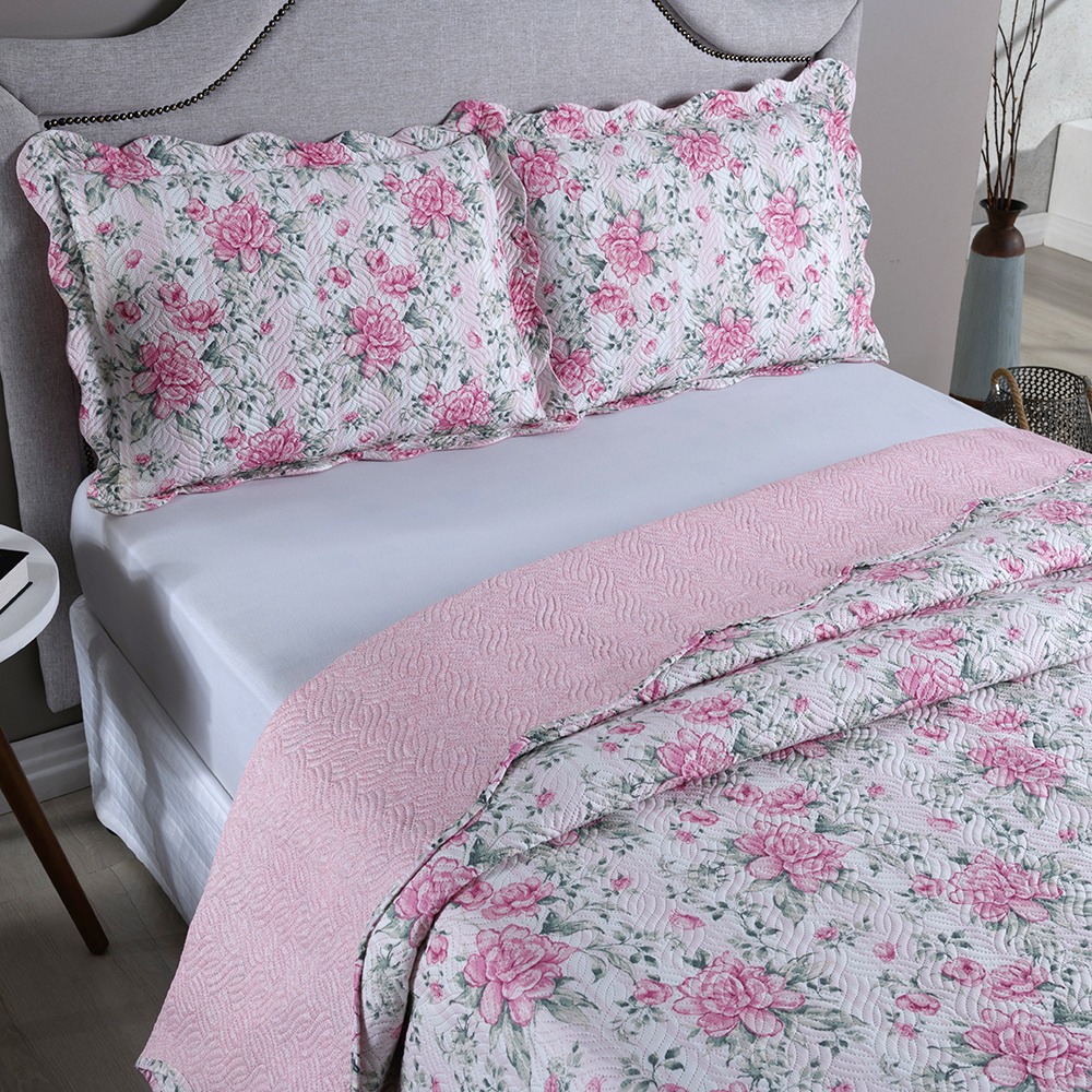 Kit Colcha Cobre Leito Queen 3 Peças 150 Fios Matelado Boutis Estampada Dupla Face Bali Rosa