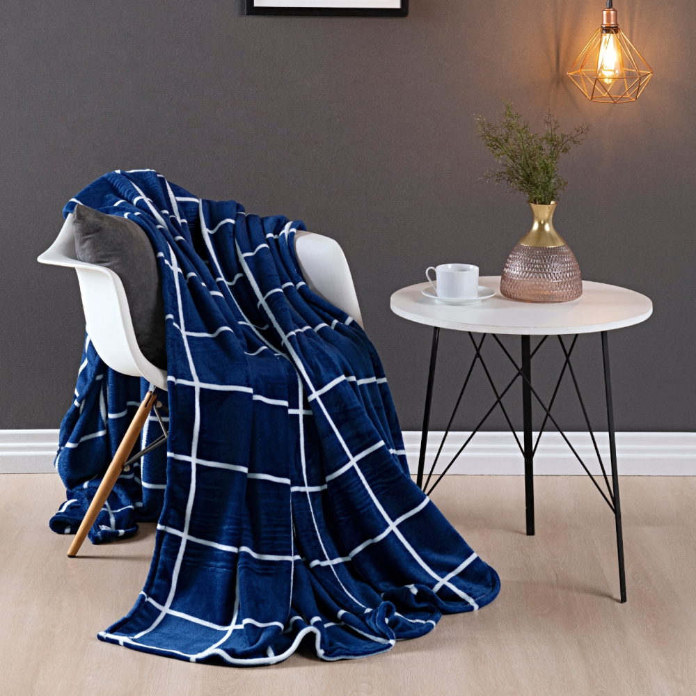 Cobertor Manta Flannel Queen 2,40x2,20m 220g/m² Toque Super Soft Lisboa Grid Azul Marinho - imagem 2