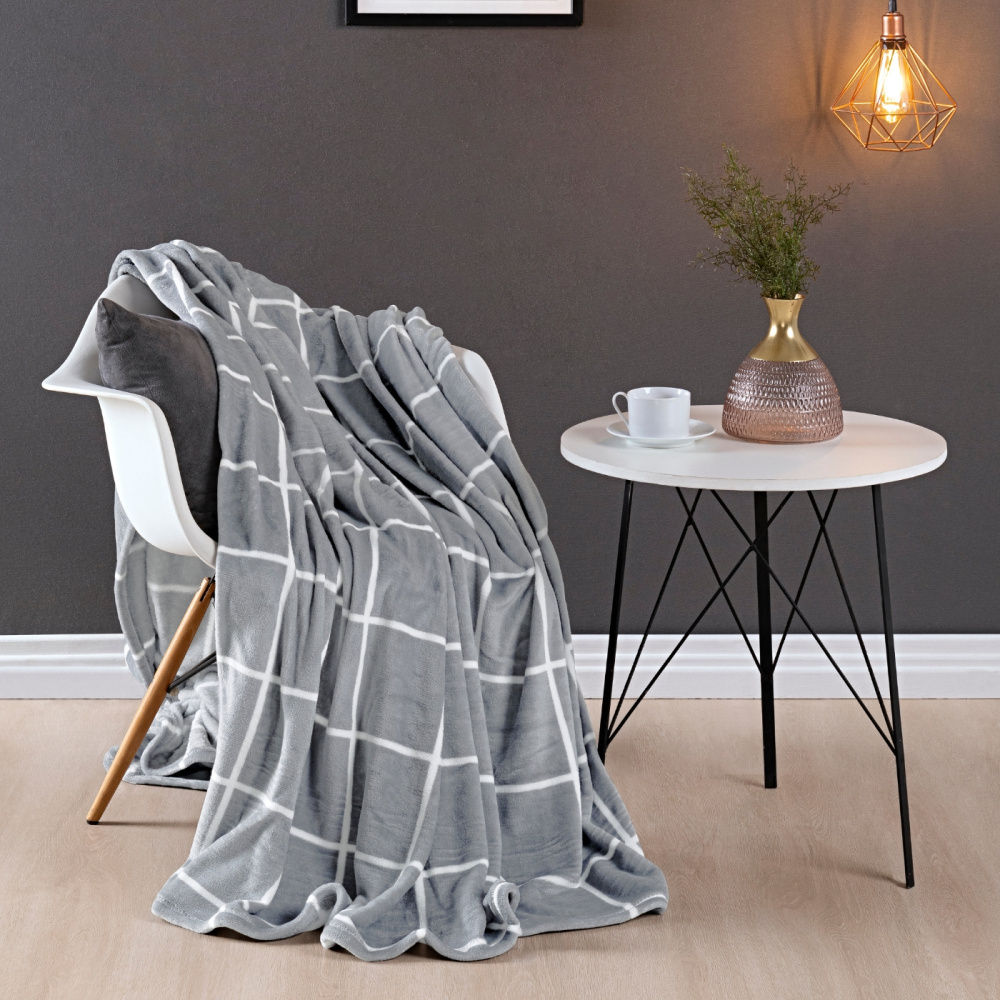 Cobertor Manta Flannel Queen 2,40x2,20m 220g/m² Toque Super Soft Lisboa Grid Cinza - imagem 2