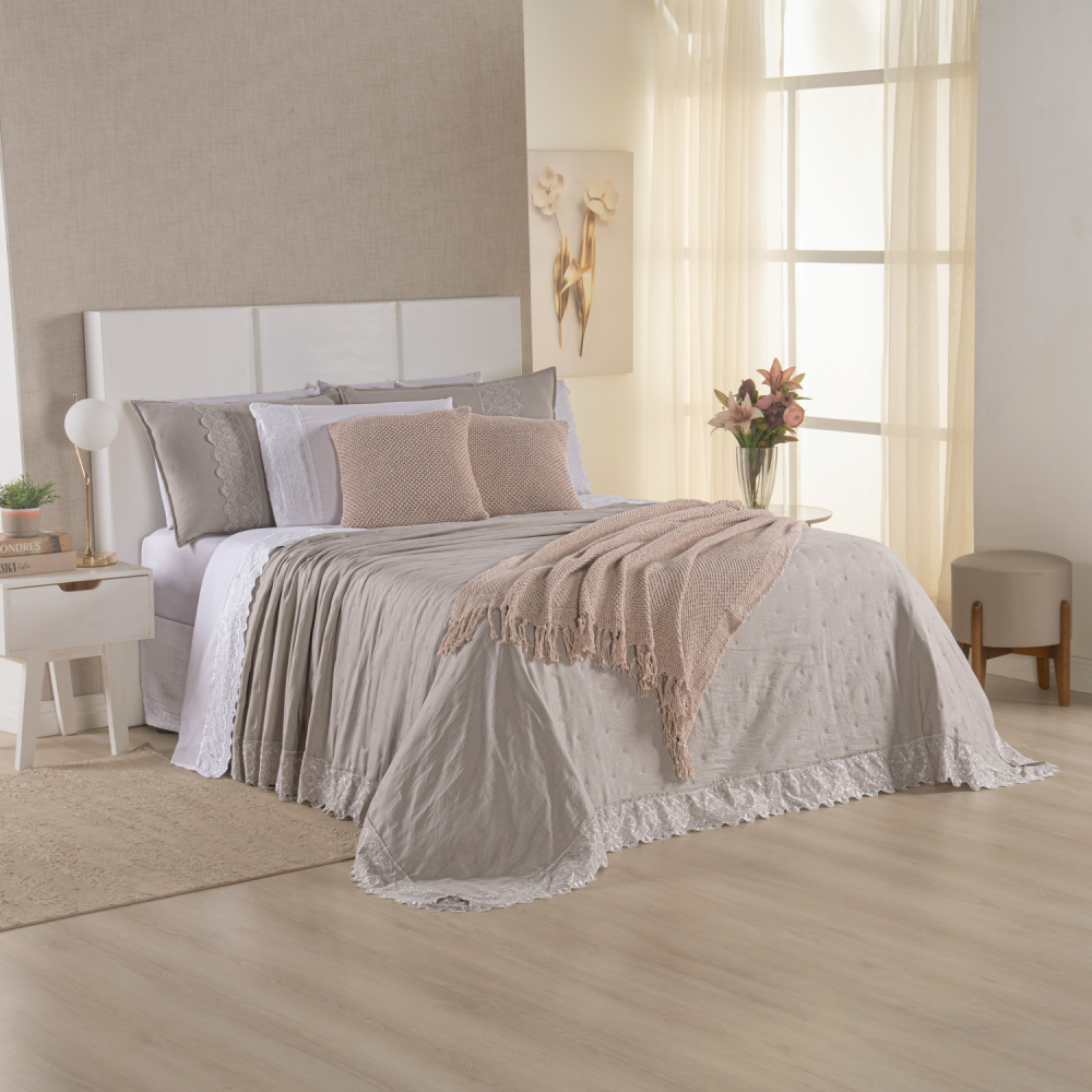 Kit Cama Posta King Serena 10 Peças Percal 300 Fios Bordado Inglês Branco/Fendi/Marfim