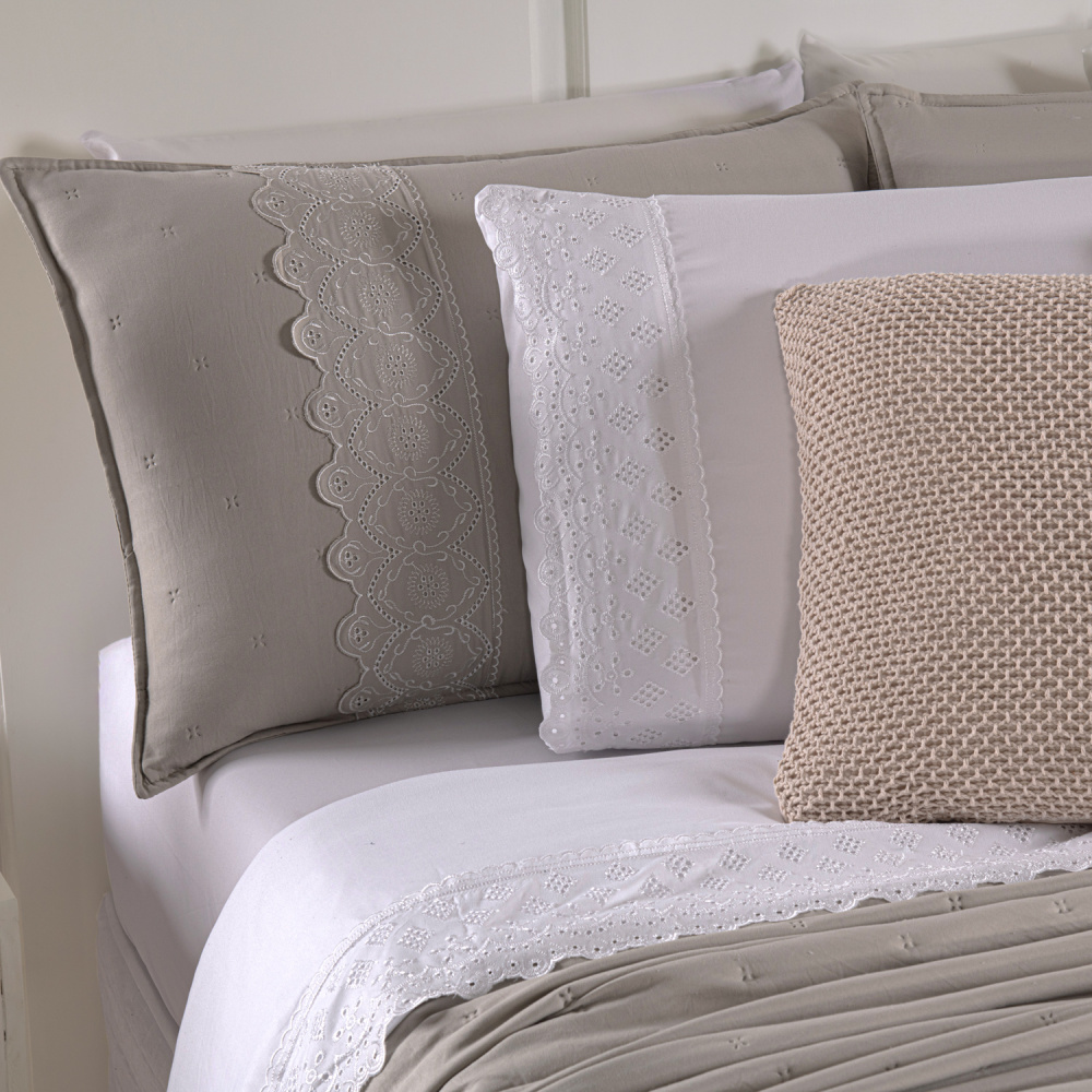 Kit Cama Posta Queen Serena 10 Peças Percal 300 Fios Bordado Inglês Branco/Fendi/Marfim - 2