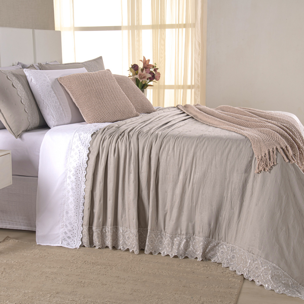Kit Cama Posta Queen Serena 10 Peças Percal 300 Fios Bordado Inglês Branco/Fendi/Marfim - 3