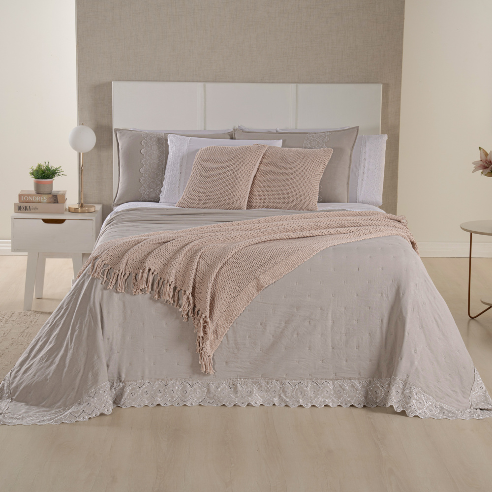 Kit Cama Posta Queen Serena 10 Peças Percal 300 Fios Bordado Inglês Branco/Fendi/Marfim - 5