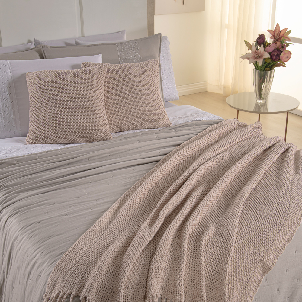 Kit Cama Posta Queen Serena 10 Peças Percal 300 Fios Bordado Inglês Branco/Fendi/Marfim - 6
