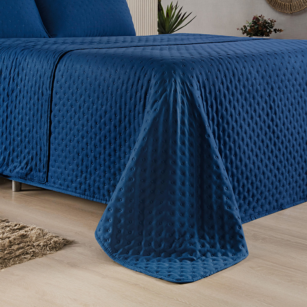 Kit Cobre Leito Colcha Queen 3 Peças Matelado Dupla Face Dots 300 Fios Azul Marinho - 3